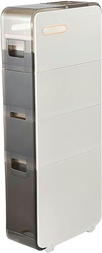 4 Tier Bathroom Floor Cabinet, Vertical Storage Unit with Clear Drawers and Casters, Narrow Tall Slim Storage Tower Waterproof Toilet Paper Stora