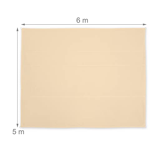 Relaxdays Rectangular Sun Shade Sail 5 x 6 m Water Resistant UV Protection with Guy Ropes Shade Dispenser Garden Beige