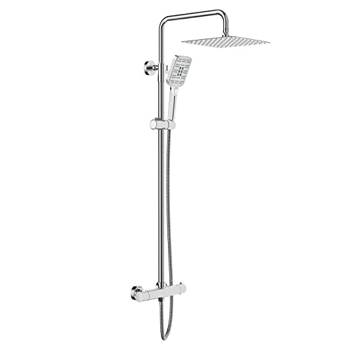 Rainsworth Thermostatic Shower Mixer Set, Height Adjustable Mixer Shower System with 25cm Round Overhead Rainfall Shower and High Pressure 3 Jets
