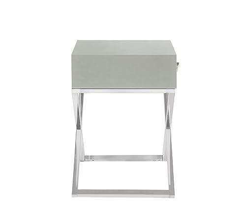 Iconic Home Ithaca Nightstand Side Table with Self Closing Drawer Lacquer X Base Nickel Finished Stainless Steel, Modern Contemporary, Grey