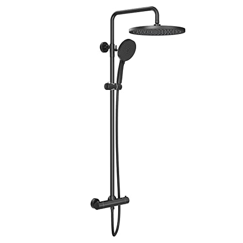 Rainsworth Thermostatic Shower Mixer Set, Height Adjustable Mixer Shower System with 25cm Round Overhead Rainfall Shower and High Pressure 3 Jets