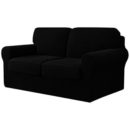 CHUN YI 5 Piece Stretch Sofa Cover, 2 Seater Slipcover with Two Separate Cushions and Backrests, Jacquard Spandex Fabric(2 Seater,Black)