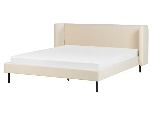 Minimalist Modern EU King Size Velvet Bed Frame 5ft3 Wingback Headboard Black Stable Legs Bedroom Light Beige Arette