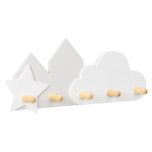 Navaris Kids Wall Mounted Coat Hooks - Coat Rack with 5 Hooks for Boys or Girls Room, Bedroom, Nursery - MDF and Wood Decor - Cloud and Star Desi