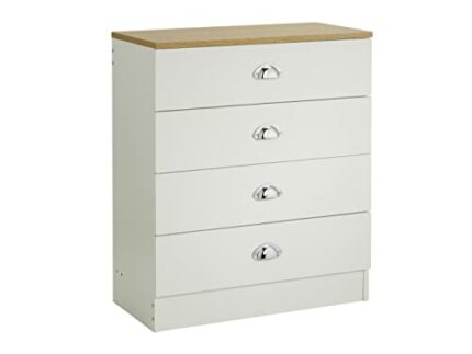 House and Homestyle Lilsbury 4 Drawer Bedroom Chest of Drawers in Cream and Oak with Chrome Cup Handles – 70 x 60 x 30cm