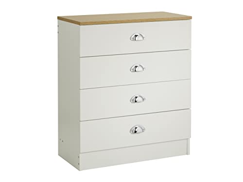 House and Homestyle Lilsbury 4 Drawer Bedroom Chest of Drawers in Cream and Oak with Chrome Cup Handles – 70 x 60 x 30cm