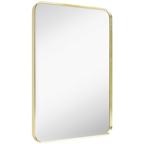 Minuover Wall Mount Mirror for Bathroom, Brushed Gold Metal Framed Rounded Corner Rectangular Vanity Mirror (20" x 30", Gold)