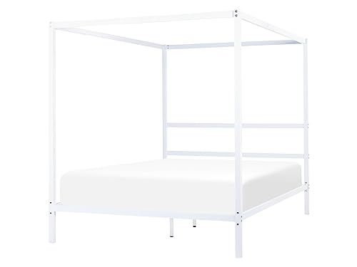 Modern Minimalist EU King Size Canopy Bed Frame Metal Plywood Slats White Lestards