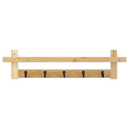 Navaris Coat Rack with Shelf - 74cm Wall Mounted Bamboo Shelf with 5 Hooks - Hanging Hook Storage for Hallway, Bedroom, Bathroom - Natural Finish