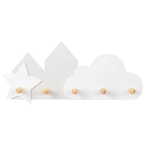 Navaris Kids Wall Mounted Coat Hooks - Coat Rack with 5 Hooks for Boys or Girls Room, Bedroom, Nursery - MDF and Wood Decor - Cloud and Star Desi