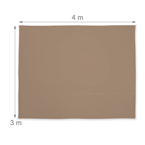 Relaxdays Rectangular Sun Shade Sail 3 x 4 m Water Resistant UV Protection with Guy Ropes (Coffee)