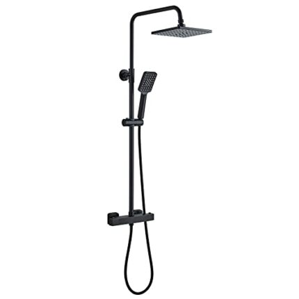 Solepearl Thermostatic Shower Mixer Set Matte Black, Square 38 °C Thermostat Shower System with Rainfall Shower Head, 3-Function Handheld Shower,