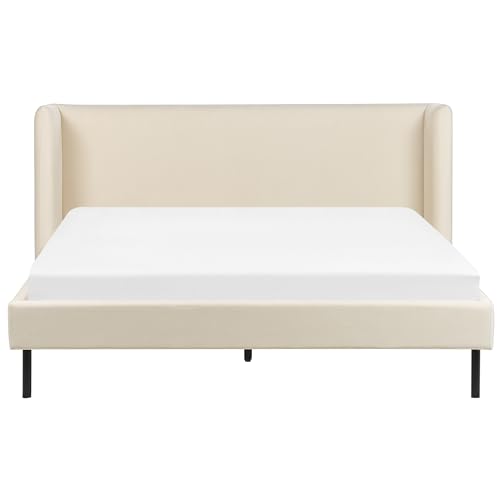 Minimalist Modern EU King Size Velvet Bed Frame 5ft3 Wingback Headboard Black Stable Legs Bedroom Light Beige Arette