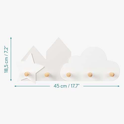 Navaris Kids Wall Mounted Coat Hooks - Coat Rack with 5 Hooks for Boys or Girls Room, Bedroom, Nursery - MDF and Wood Decor - Cloud and Star Desi