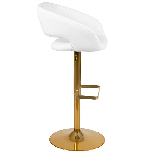 Flash Furniture Erik Comfortable & Stylish Contemporary Barstool with Rounded Mid-Back and Foot Rest, Adjustable Height - White Vinyl with Gold B