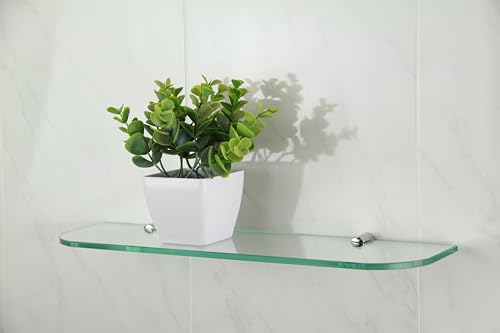 BSM Marketing 400mm x 100mm Toughened 6mm Glass Shelf with Curved Corners and Chrome Finish Supports