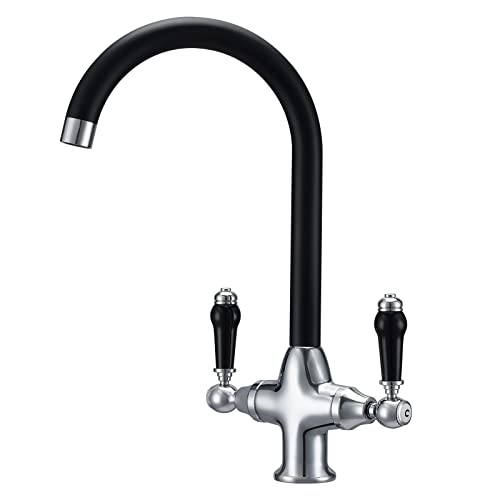 Funime Traditional Kitchen Sink Mixer Tap Elegant Ceramic Dual Lever Monobloc Swivel Spout Chrome, Classic