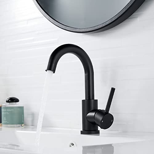 NewEast Basin Mixer Tap with Pop up Waste and Swivel Spout, Modern Black Brass Single Lever Bathroom Sink Tap Mixer