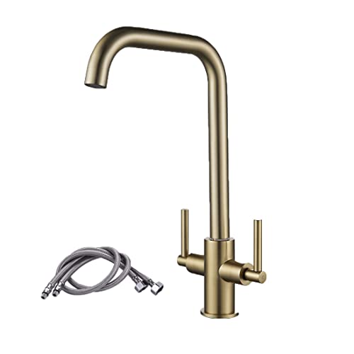 Luckyhome Kitchen Mixer Taps,Monobloc Dual Lever Chrome Brass Kitchen Sink Tap Faucet
