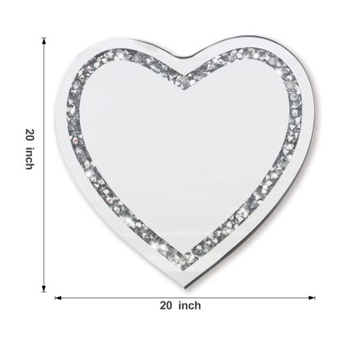 LXARTZJ Crystal Crush Diamond Heart Shaped Silver Mirror for Wall 20x20 inch Wall Hang Frameless Sparkly Mirror Glass for Bedroom, Living Room