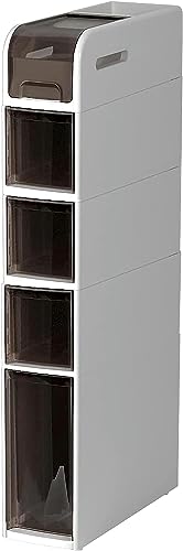 Narrow Bathroom Floor Cabinet, Slim Toilet Paper Storage Cabinet with Clear Drawers and Casters Plastic Storage Tower Organizer Unit for Washroom
