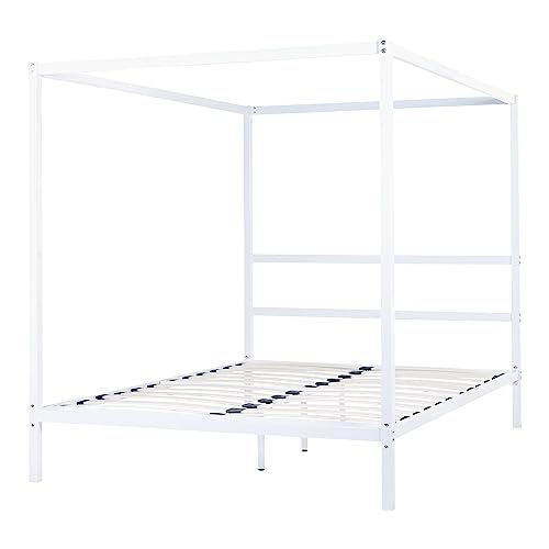 Modern Minimalist EU King Size Canopy Bed Frame Metal Plywood Slats White Lestards