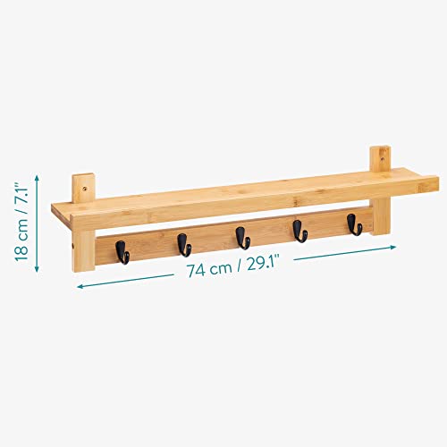 Navaris Coat Rack with Shelf - 74cm Wall Mounted Bamboo Shelf with 5 Hooks - Hanging Hook Storage for Hallway, Bedroom, Bathroom - Natural Finish