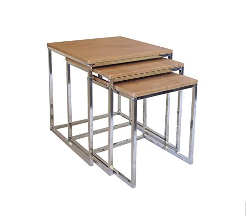 ASPECT Alana Set of 3 Nesting Table-Vintage Wooden Tops/Steel Black Legs, 40x40x42 cm