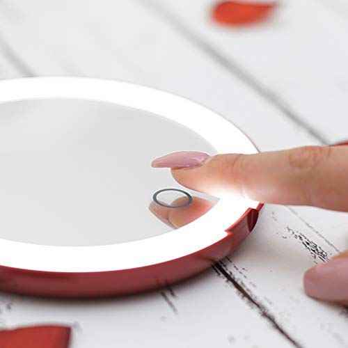 LUNA London Compact 2.0 Travel Mirror in Scarlet Red | Travel Makeup Mirror with Light | LED Lighted Vanity Mirror with 3 Light Modes | 7X Magnif