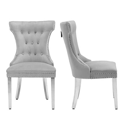 adochr Modern Velvet Dining Chairs Set of 2, Upholstered Dining Chair with Stainless Steel Metal Legs, Chairs Button Tufted Back, Grey