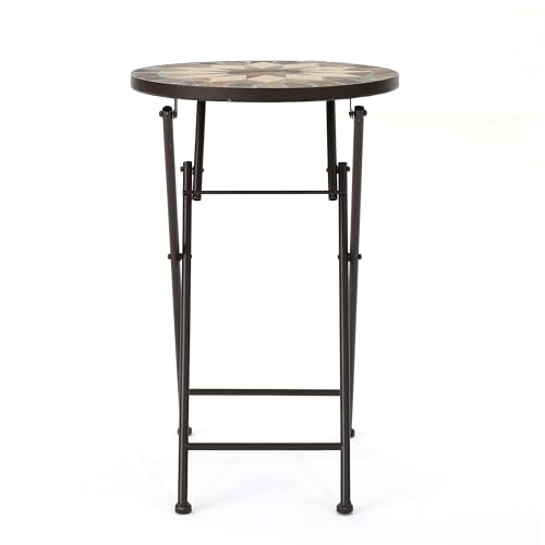 GDF Studio Sandor Outdoor Beige and Black Stone Side Table with Iron Frame