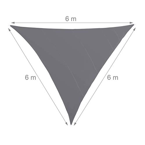 Relaxdays Shade Sail, Triangle, Water-Repellent, UV-Protection with Tethers, Balcony Canopy, 6x6x6m, Grey