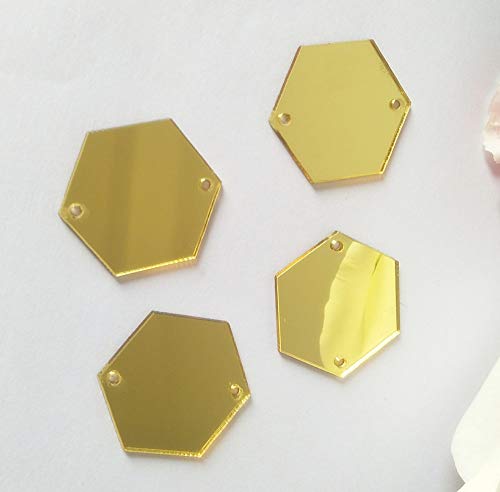 MEYA Sew On Hexagon Acrylic Mirror Beads, Mirror Diamante Rhinestone Crystal Flat Back Mirror Beads with Hole (Gold)