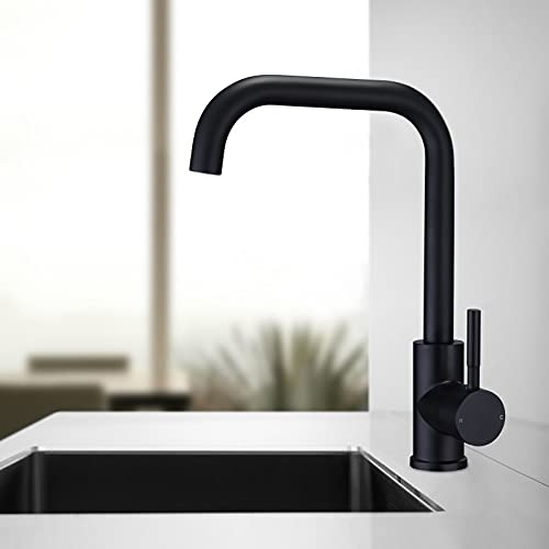 Kitchen Sink Mixer Tap 360 Swivel Spout Monobloc Mixers Faucet Single Lever Rectangle Taps with Aerator Matte Black
