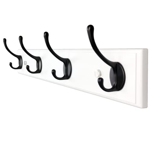 lomejii 4 Black Hooks Wood Coat Rack Wall Mount, 44cm, White, Stronger Hooks for Hanging Clothes,Hat,Backpack etc, Great Modern Wall Mounted Rack