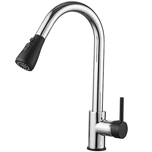Heable Kitchen Sink Mixer Tap with Pull Down Sprayer Chrome, Single Handle High Arc Pull Out Kitchen Taps, Single Level Solid Brass Kitchen Fauce