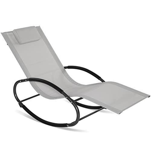 Stream Garden Rocking Chair, Outdoor Zero Gravity Rocker Sun Lounger Chair with Removable Pillow, Heavy Duty Textilene Patio Chaise Lounge Chair