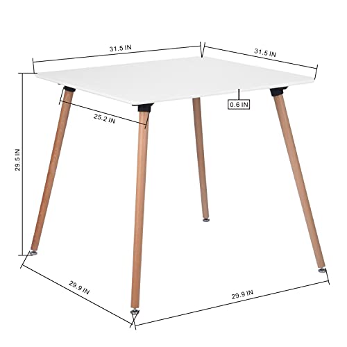FurniutreR Square 31.5 Inch Modern Side, White with Beech Round Wood Leg for Home Kitchen Room Dining Table