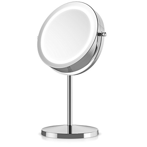 Navaris LED Illuminated Makeup Mirror - Two-Sided Vanity Mirror with Normal and 5x Magnification - 2-in-1 360° Swivel Cosmetics Mirror - Silver