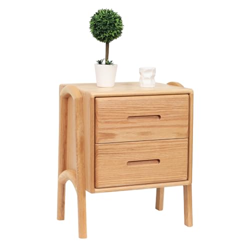 OOKSEN Nightstand, Mid Century Modern Nightstand, Solid Wood Bedside Table with 2 Drawer, Small Night Stand for Bedroom Living Room, Walnut