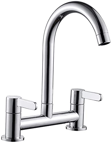 Gpoty Kitchen Sink Mixer Taps Chrome Dual Lever 1/4 Turn Easy Use 2 Hole Deck Mounted Mounted Cold and Hot Mixer Tap