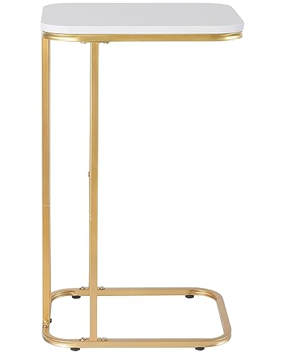 KJGKK C Shaped End Table, 26.6 inches High Side Table for Couch Sofa Bed, Small Tv Tray, for Living Room, Bedroom, Metal Frame (Gold+White)