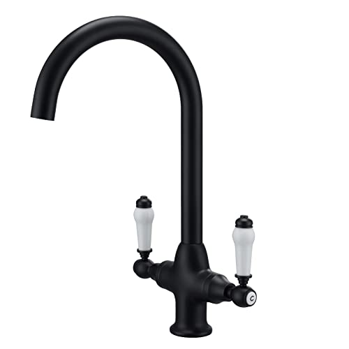 Funime Traditional Kitchen Sink Mixer Tap Elegant Ceramic Dual Lever Monobloc Swivel Spout Chrome, Classic