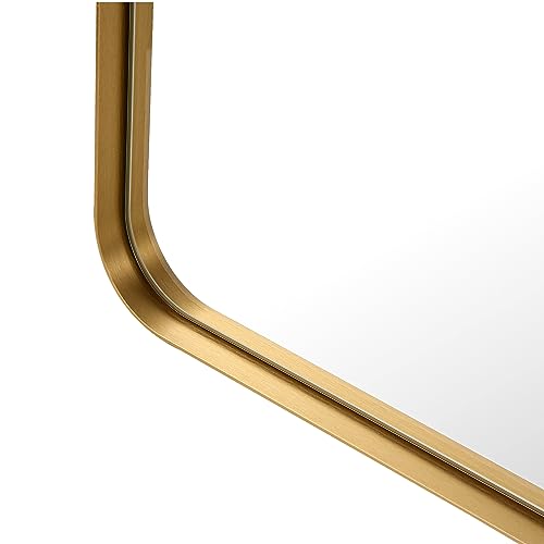 JENBELY 22x30 Inch Bronze Bathroom Mirror, Brushed Brass Gold Metal Framed Rectangular Mirror with Rounded Corner, Bathroom Vanity Mirror for Bed
