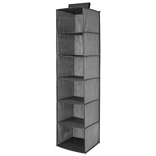 mDesign Set of 2 Hanging Wardrobe Organiser - Fabric Wardrobe Storage Units with 6 shelves each - Ideal Hanging Closet Organiser - Grey