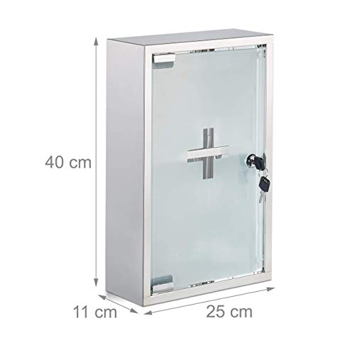 Relaxdays Stainless Steel Cabinet, Glass Door, 2 Compartments, Lockable, Home Pharmacy, Shiny, Silver, H x W x D: app. 40 x 25 x 11 cm