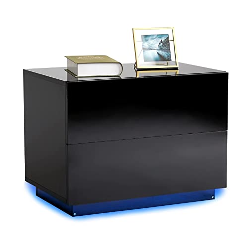 Meerveil Bedside Table, LED Bedside Cabinet with 2 Drawers High Gloss with USB Light 60x39x45cm for Bedroom Living Room, Black