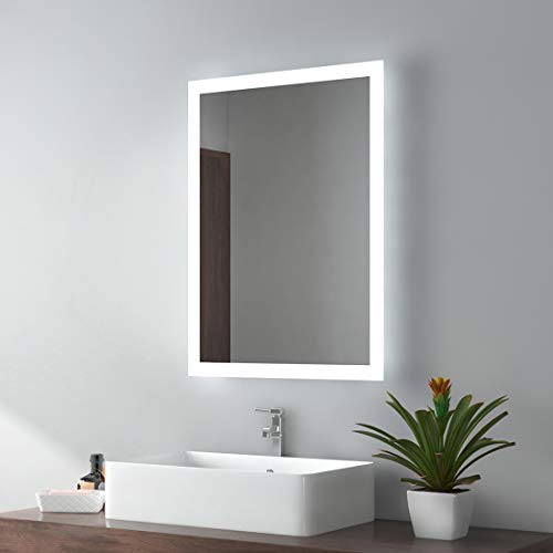 EMKE 450 X 600 mm Backlit Illuminated Bluetooth Bathroom Mirror with Shaver Socket, Wall Mounted Multifunction Bathroom Vanity Mirror with LED Li