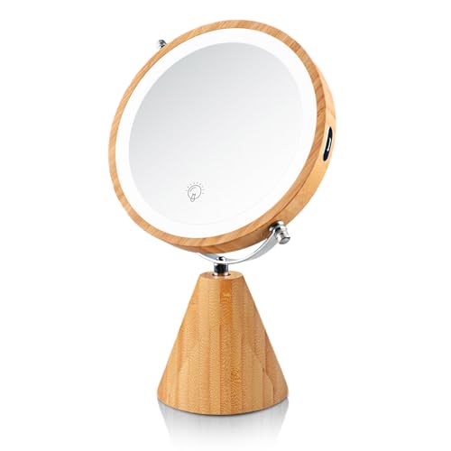 SLIMOON 8" Vanity Mirror with Lights and Bamboo Stand, 1X/10X Double Sided Magnifying Mirror with Light, 360° Rotation, 3 Colors Brightness Adjus