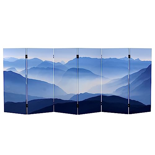 Red Lantern 3 ft. Short Double Sided Misty Mountain Canvas Folding Screen 6 Panel Freestanding Partition and Separator for Modern and Contemporar
